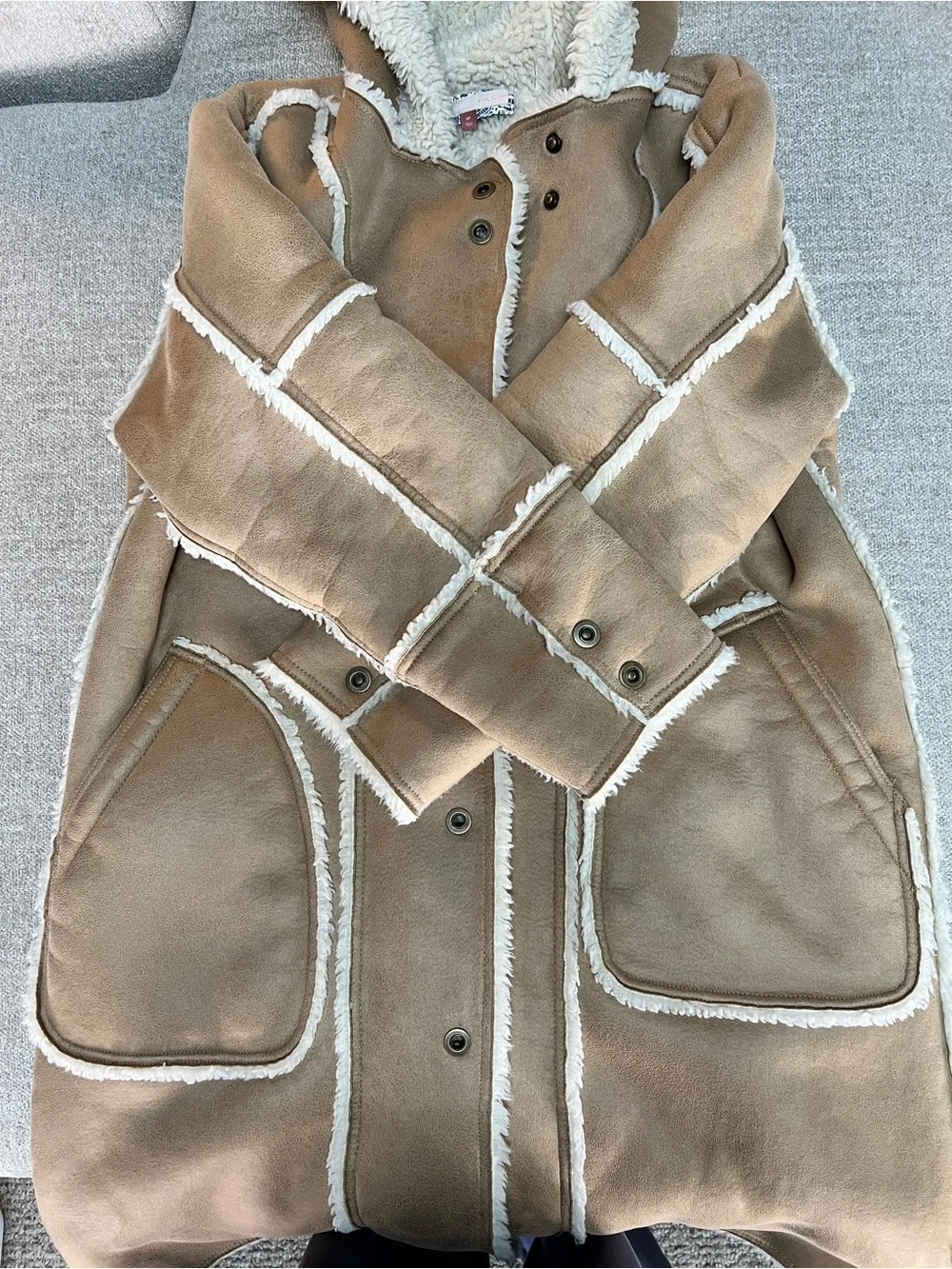 Anthropologie x Pilcro Hooded Sherpa Coat. Camel and Cream. Size Petite Small - Picture 11 of 14